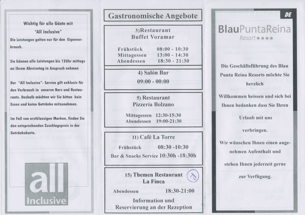 Flyer Restaurant Öffnungszeiten blau punta reina