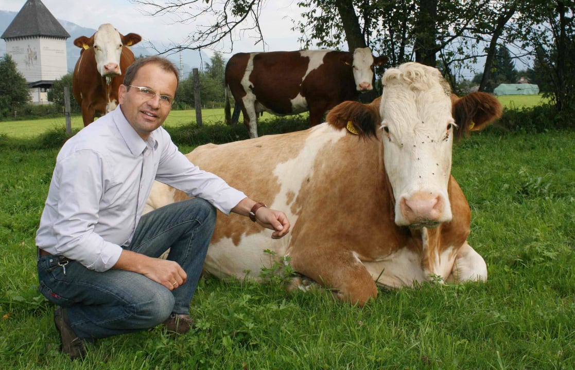 Georg mit einer seiner Milchkühe Biobauernhof Walchengut