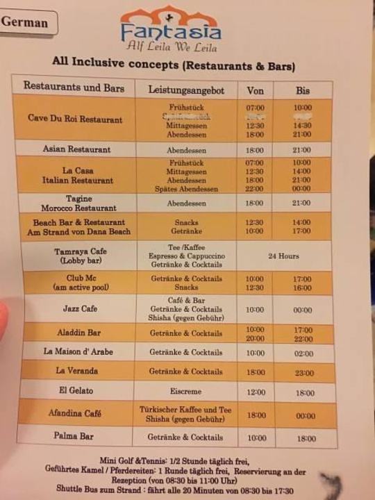 Öffnungszeiten im Hotel Pickalbatros Alf Leila Wa Leila Resort - Neverland Hurghada