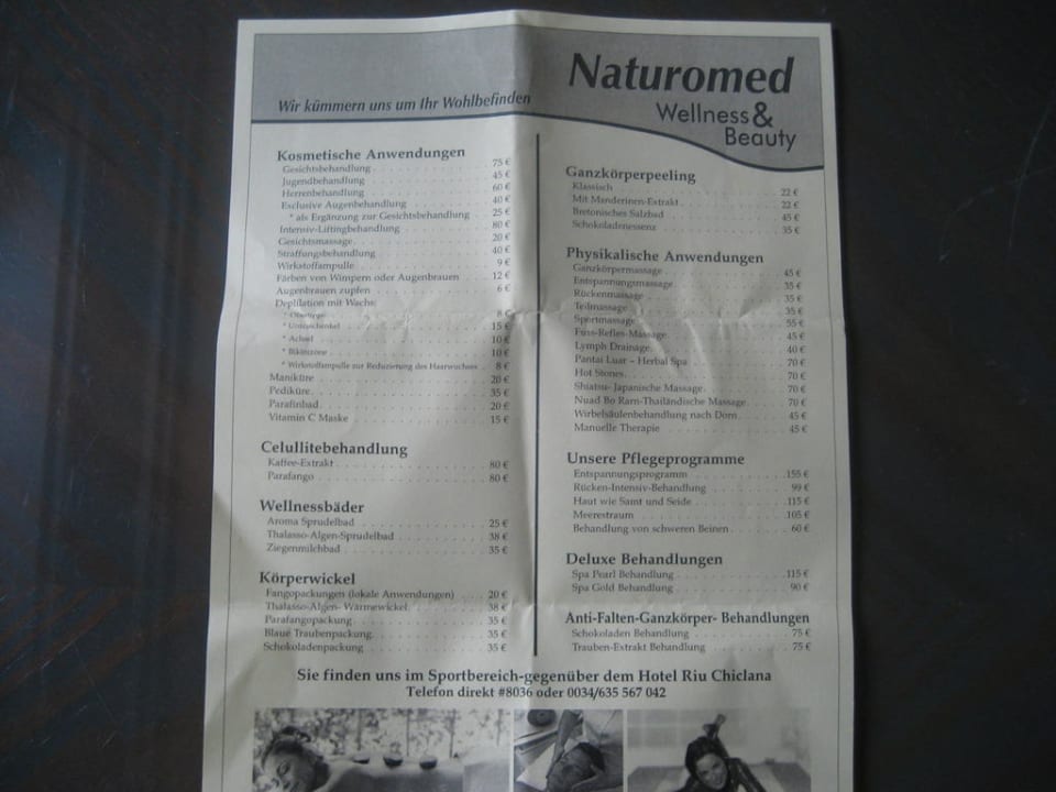 Preisliste Wellness und Beauty Hotel Riu Chiclana
