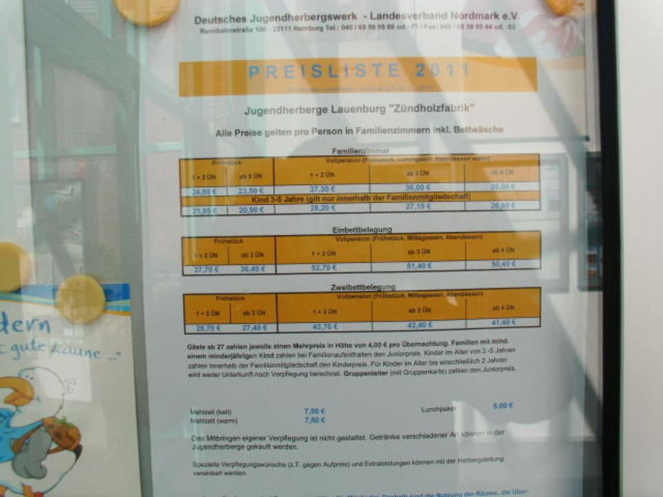 Preisliste Jugendherberge Lauenburg Zündholzfabrik