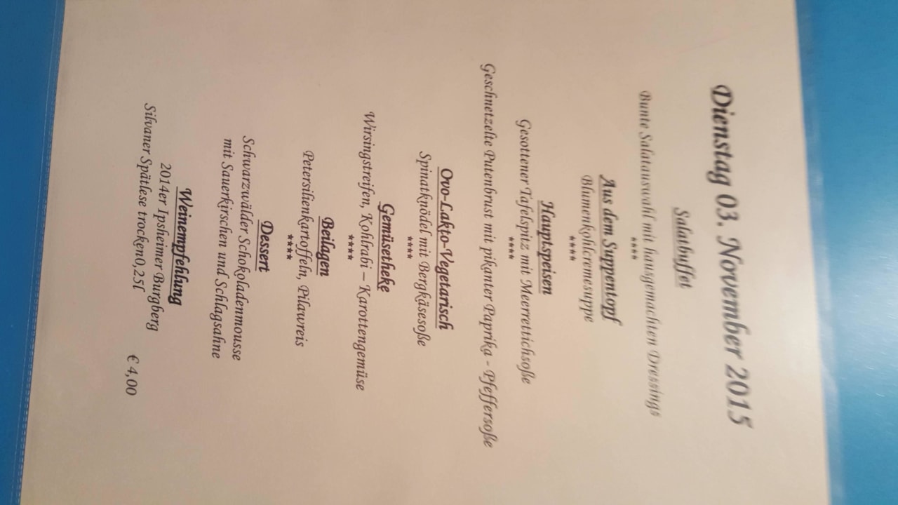 Speisekarte Kurhotel Pyramide