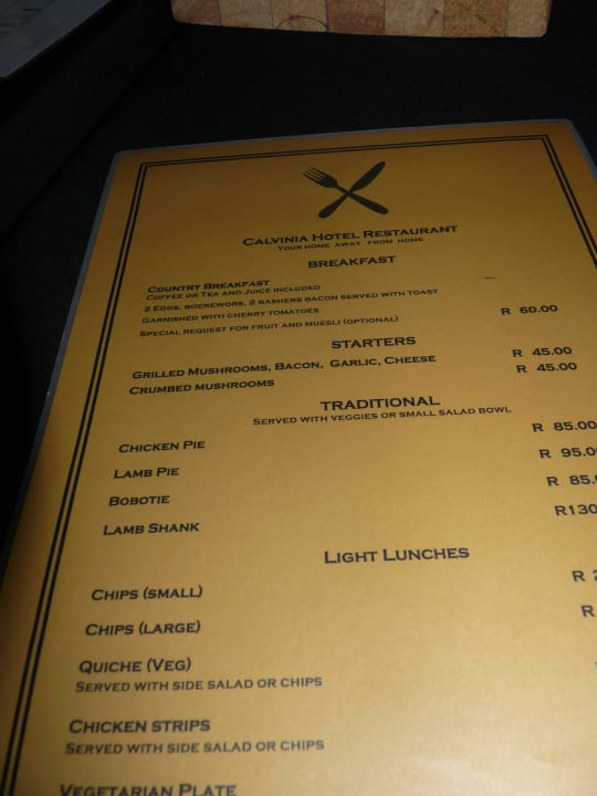 Speisenkarte Calvinia Hotel