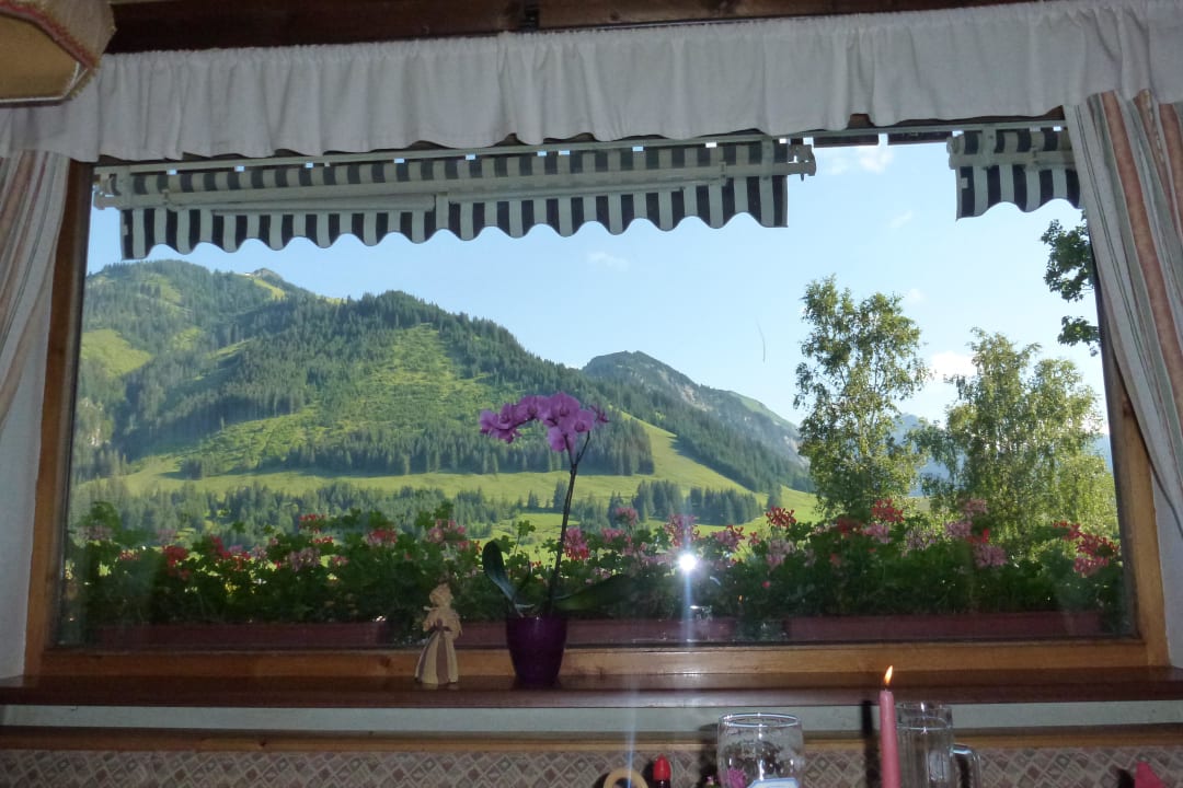 Blick vom Tisch nach draußen Gästehaus Sonnleiten