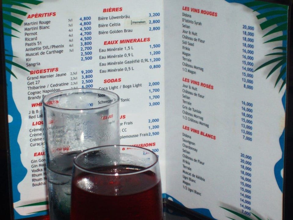 Karta menu w barze Hotel Zodiac