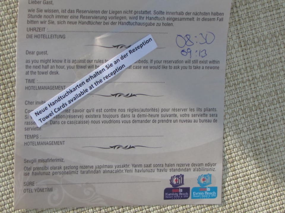 Liegenreservierung verboten Sunis Evren Beach Resort Hotel & Spa