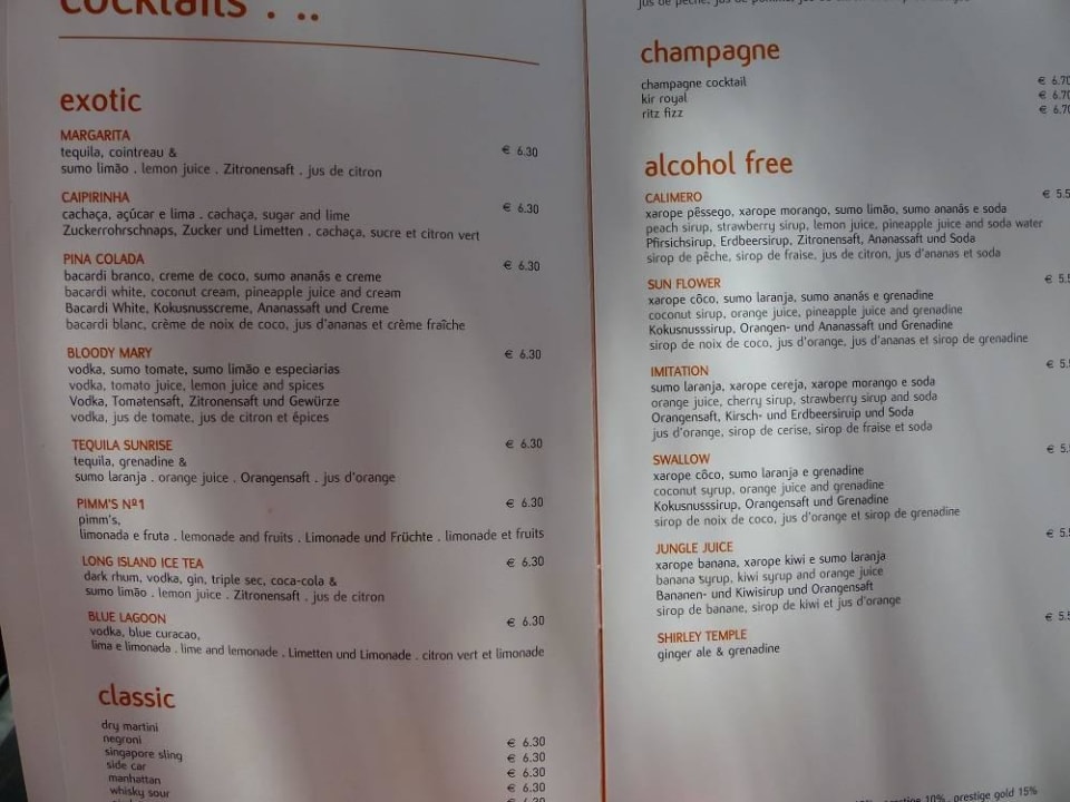 Getränkekarte PortoBay Falésia