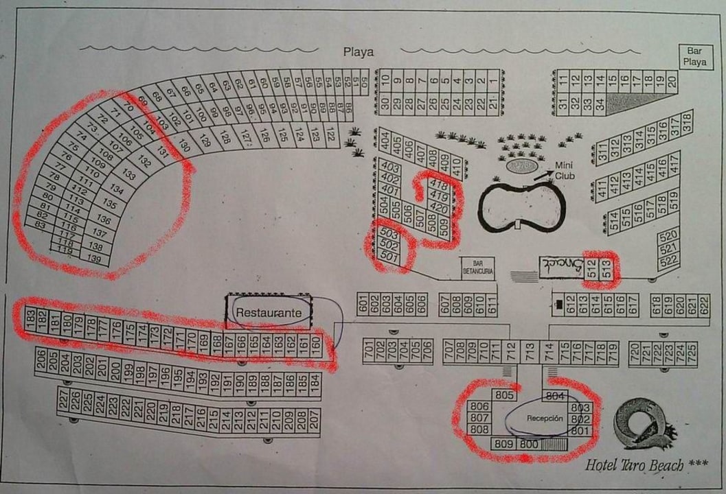 Rozkład pokoi - na czerwono pokoje dla polaków SBH Hotel Taro Beach
