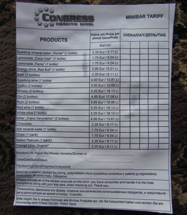 Minibar price list Hotel Congress