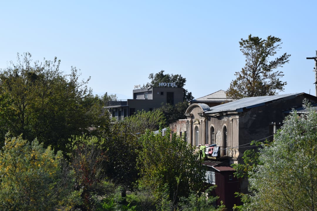 Das Hotel ragt in der Bildmitte hinter den Bäumen hervor. Hotel Ponte