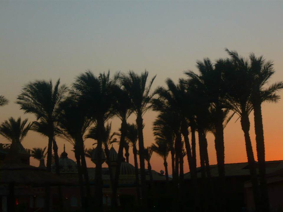 Zachód słońca na terenie hotelu Pickalbatros Alf Leila Wa Leila Resort - Neverland Hurghada