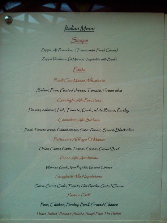 Menükarte im Italienischen Restaurant Imperial Shams Abu Soma