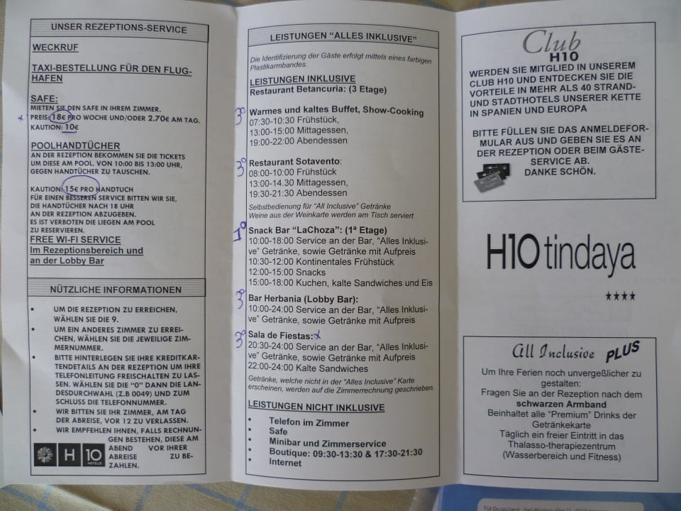 Leistungen und Services mit Zeiten H10 Tindaya