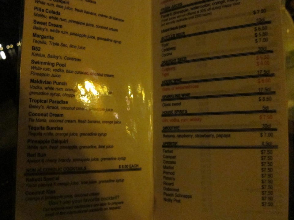 Preisliste von der Bar Meeru Maldives Resort Island
