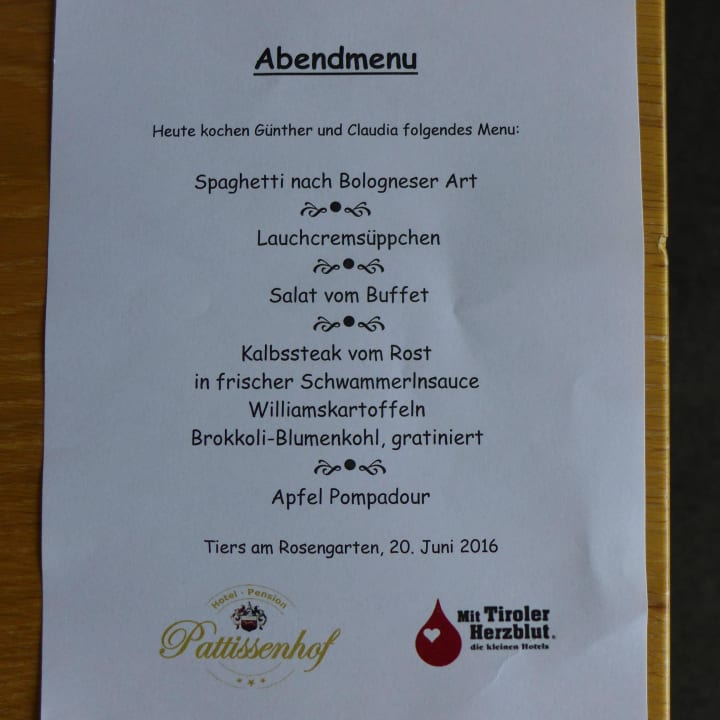 Speisekarte Hotel Pension Pattissenhof