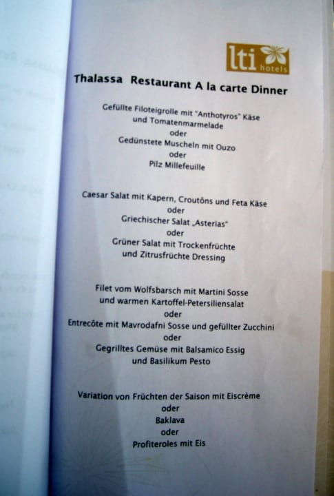 Menü A-la-carte-Restaurant Asterias Beach Resort