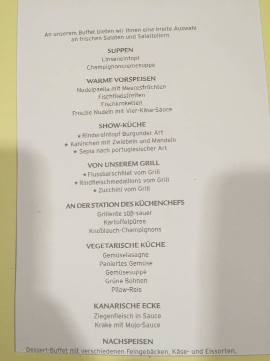 Speisekarte am Abend Hotel Riu Palace Maspalomas Adults Only