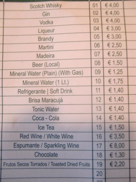 Preisliste Minibar Hotel Madeira Panoramico