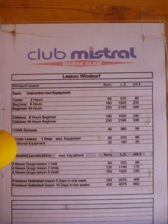 Preisliste Mistral Shams Alam Beach Resort