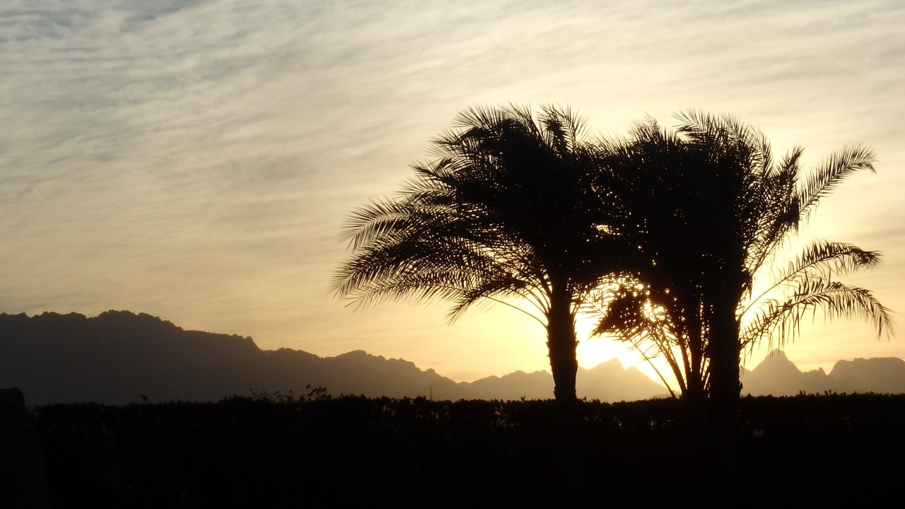Blick in den Sonnenuntergang/die Berge vorm Hotel Stella Garden Resort & Spa, Makadi Bay