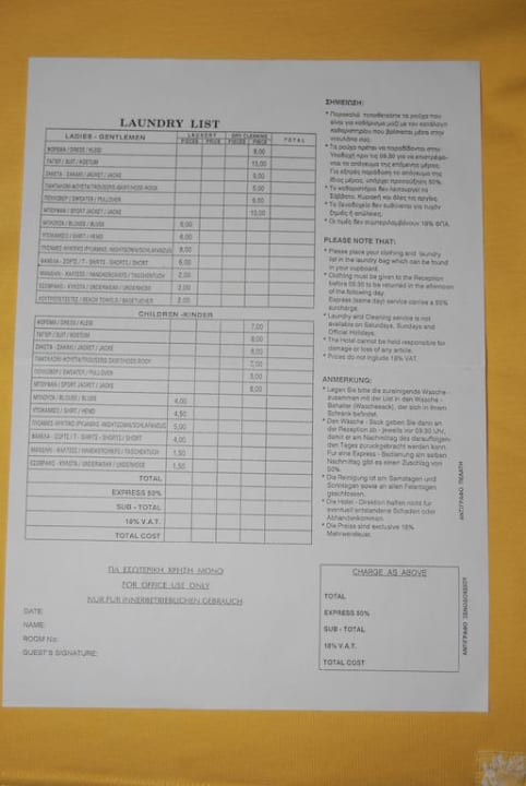 Preisliste Wäscherei Isla Brown Chania Resort, Curio Collection by Hilton