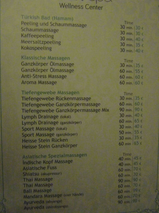 Preisliste Spa / Wellness Paloma Oceana