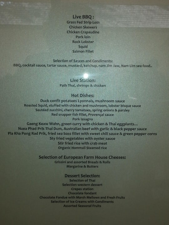 Dinnerkarte für BBQ Buffet Sheraton Hua Hin Pranburi Villas
