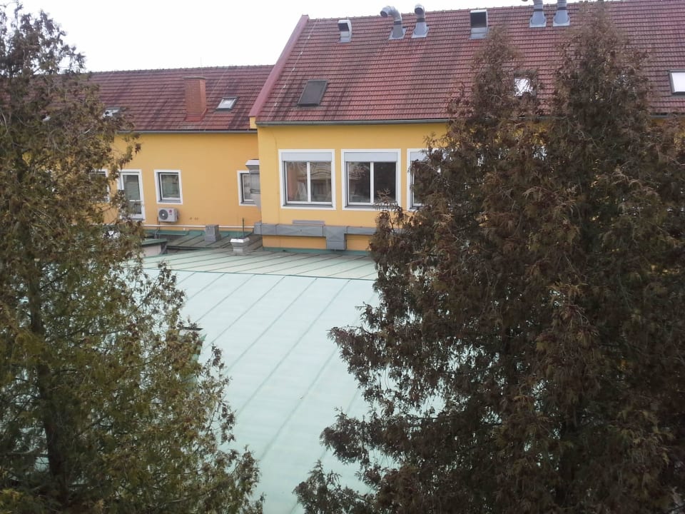 Ausblick nach Süden auf ein Blechdach/Hauswand Wilfinger Ring Bio Hotel