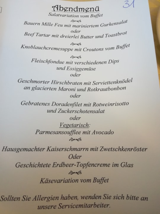 Beispiel einer Menükarte! Hotel Sonneck