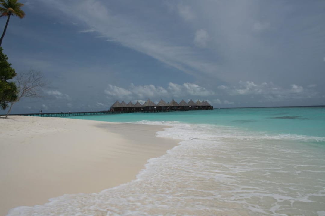 Blick auf die Wasserbungalows Angaga Island Resort