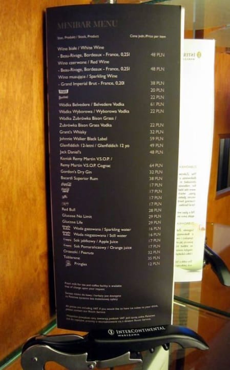 Minibar price list InterContinental Warszawa