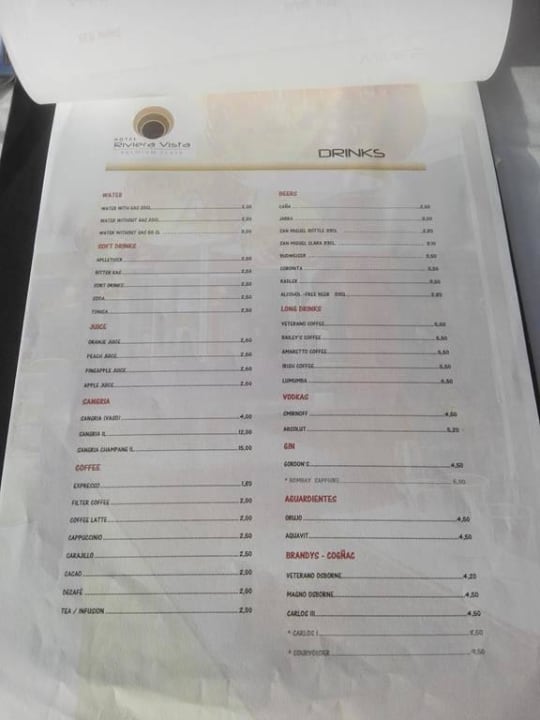 Getränkekarte Hotel Riviera Vista