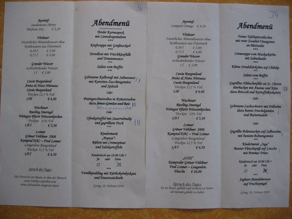 Menuplan Vitalhotel Sonnenhof