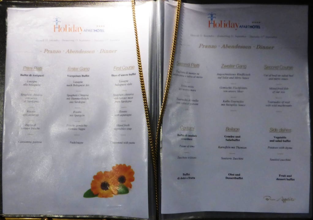 Abend-Menu Aparthotel Holiday
