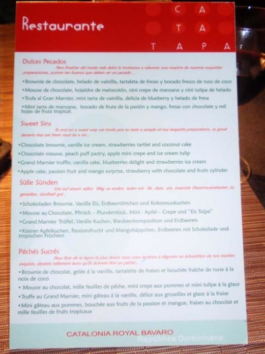 Menükarte Cata Tapa Catalonia Royal Bavaro - Adults only