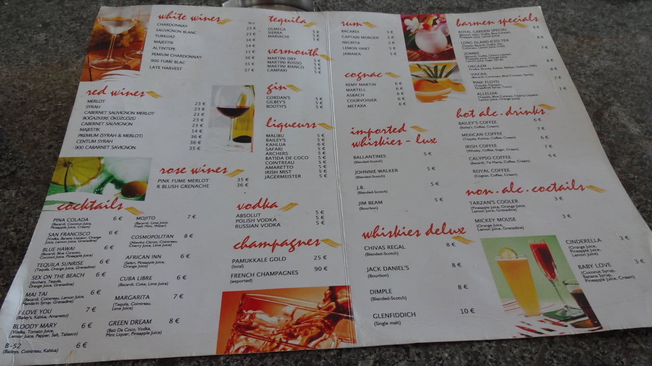 Cocktailkarte mit Preisen Hotel Royal Garden Beach