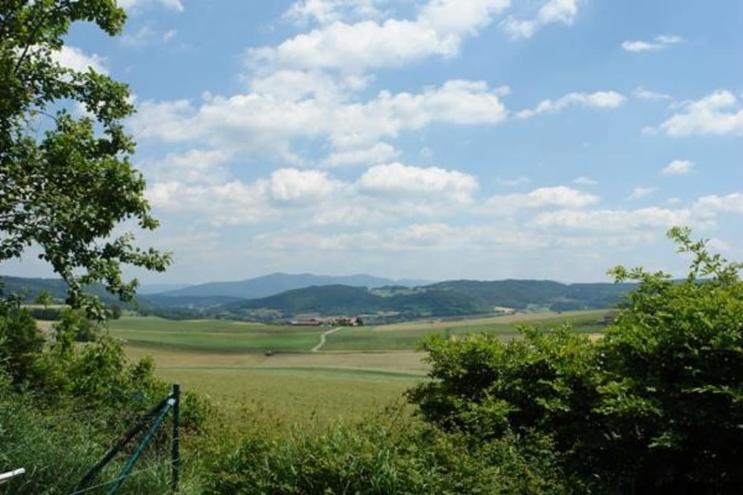 Schöner Ausblick auf Wiesen, Felder und Wald, Natur Appartement-Hotel Schlossberg