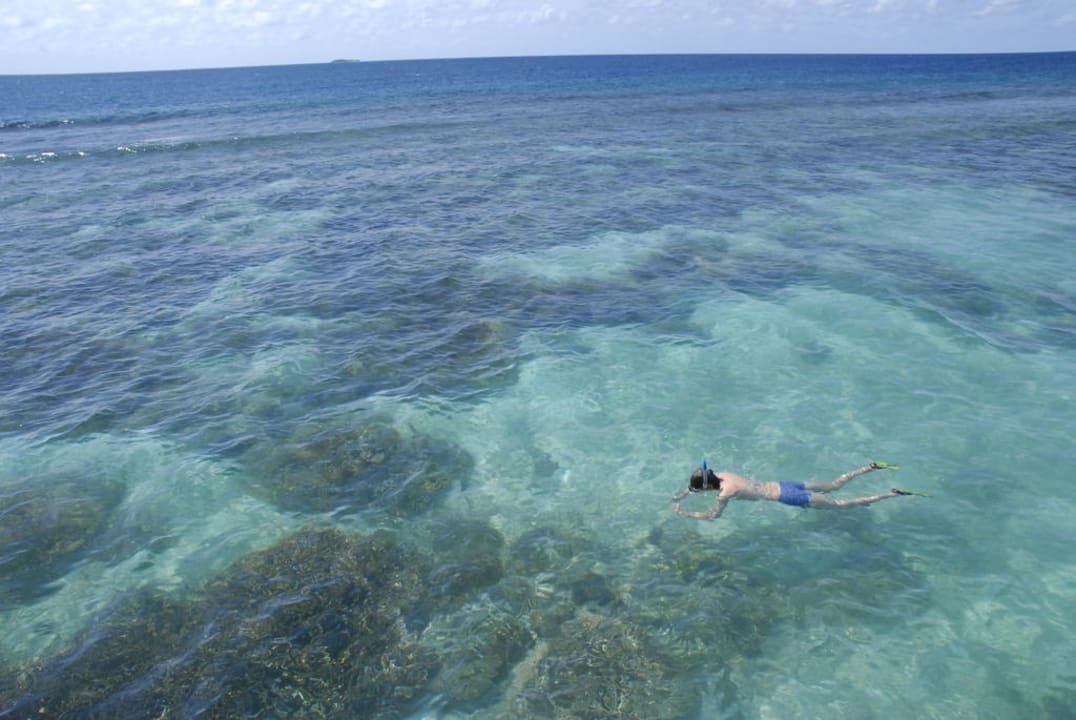 Blick von der Terrasse der Villa auf die Korallen Mirihi Island Resort