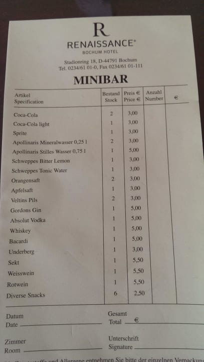 Preise Minibar Moxy Bochum