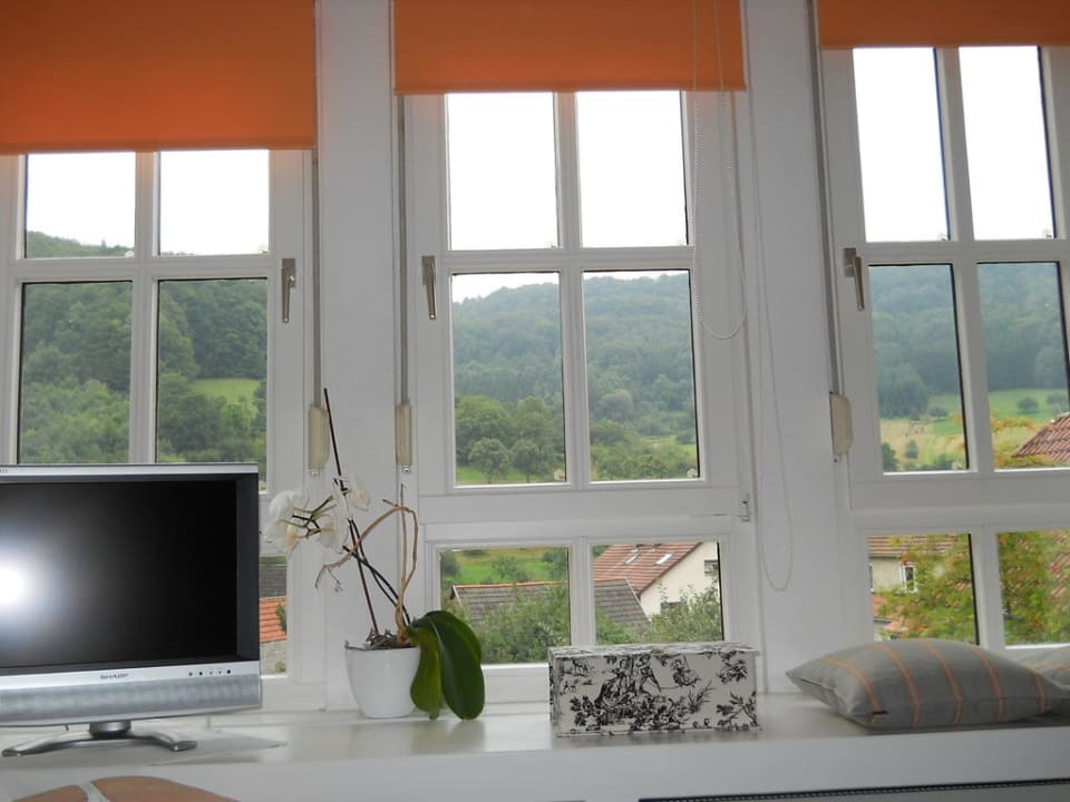 Bilck vom Bett auf die idyllische Landschaft Landhaus Rössle