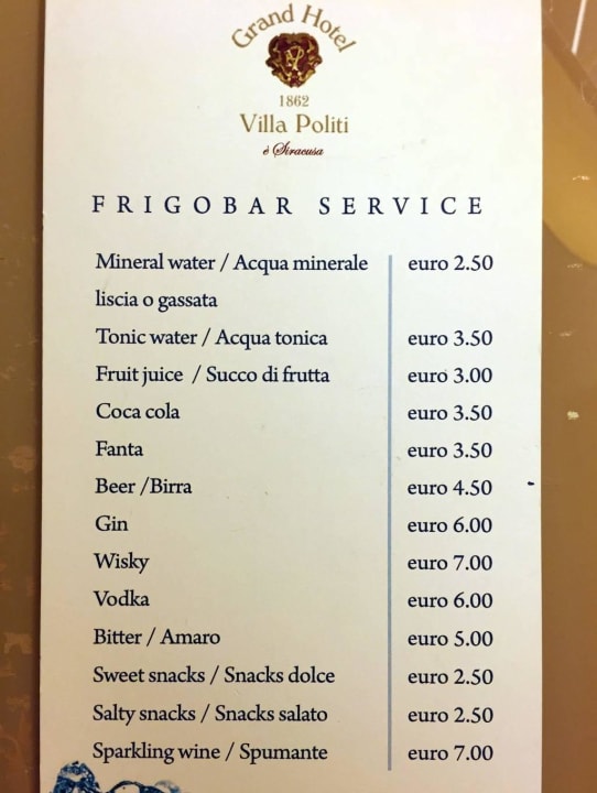 Preisliste Minibar Villa Politi