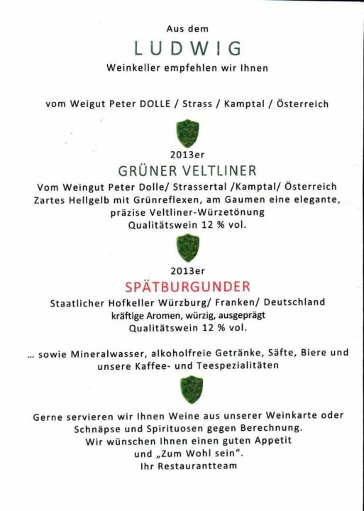 Menükarte Hotel Das Ludwig