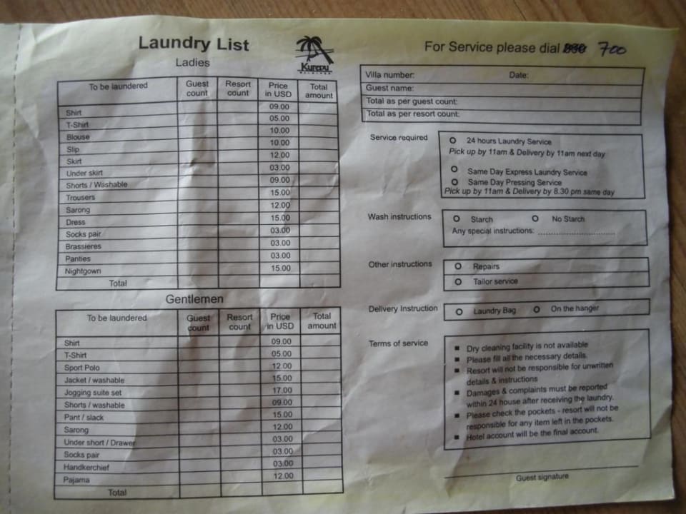 Preisliste für Reinigung Wäsche Kuredu Island Kuredu Island Resort & Spa