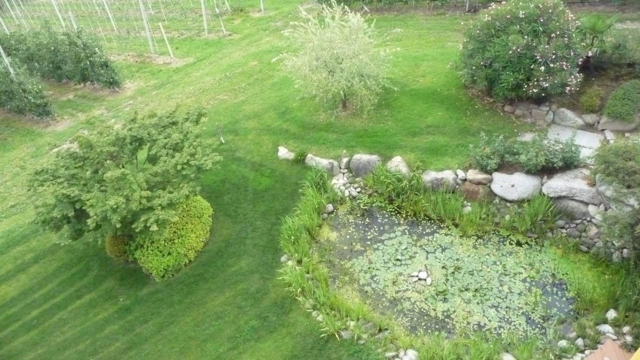 Blick vom Zimmerbalkon in den Garten Hotel Kassian