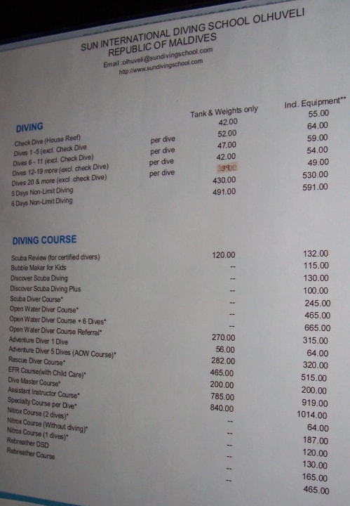 Kosten Tauchschule  Sun Siyam Olhuveli
