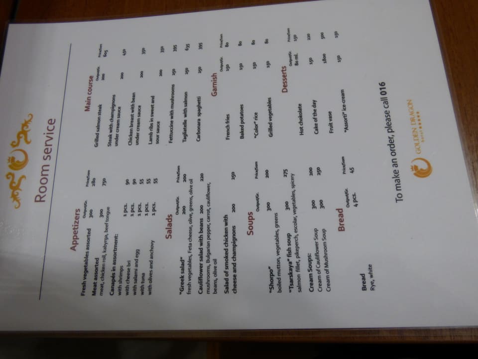 Speisekarte im Zimmer vom Roomservice Hotel Golden Dragon