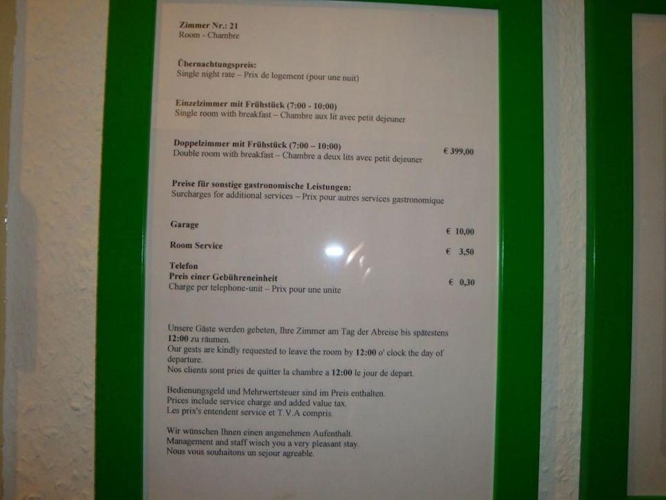 Zusatzpreisliste für Garage usw. Hotel Acon