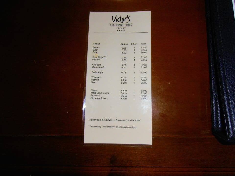 Preisliste der Minibar Victor's Residenz-Hotel Erfurt