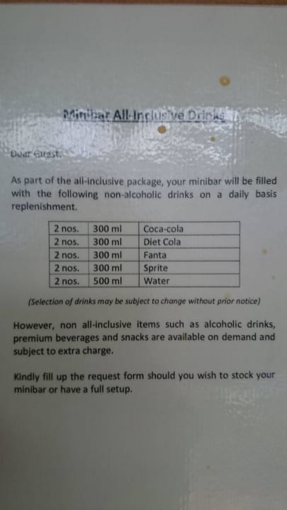 Minibar - Getränke Preiskarte Filitheyo Island Resort
