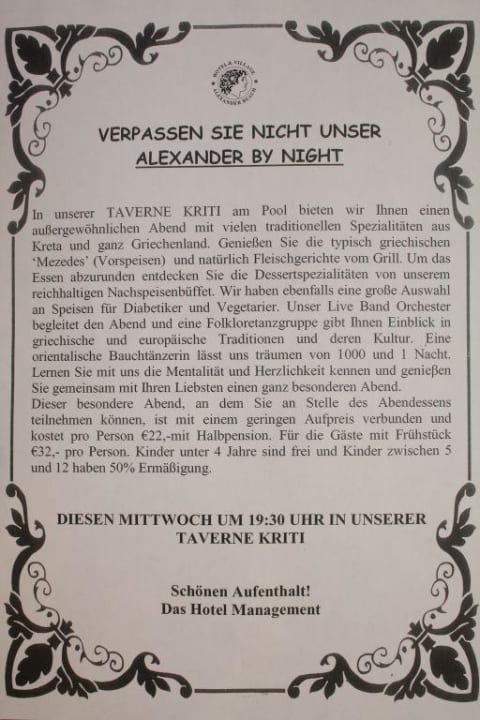 Hotel-Werbung für griechischen Abend Alexander Beach Hotel & Village Resort